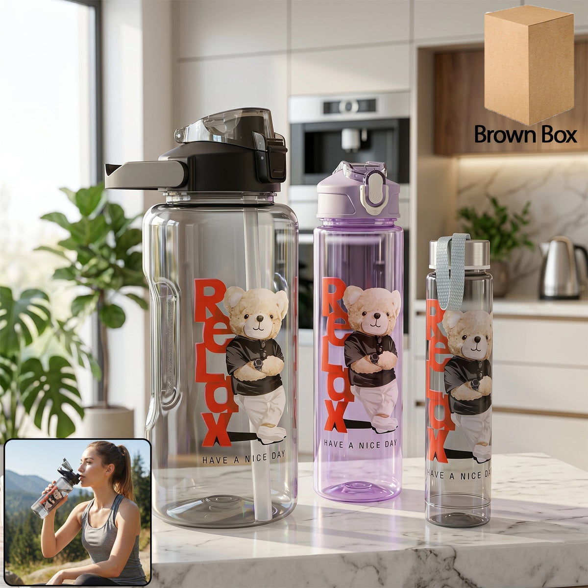 Plastic Water Bottle 3pc Set3  Different Size Bottle High Quality Water Bottle Plastic Water Bottle Bpa-free  Leak-proof  Cartoon Printed Design For Kids School For Fridge Office Sports School Gym Yoga (3 Pc Set)