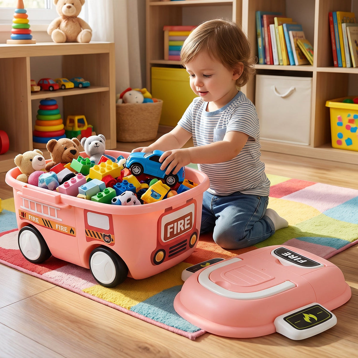 Fire Truck Kids Toy Storage Box With Lid And Wheels For Bedroom (1 Pc)